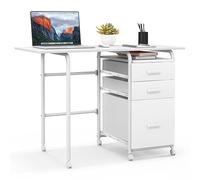GIANTEX Bureau Pliable 3 Tiroirs de Rangement & Roues Verrouillables, Table Roulante Compacte Cadre Métal, comme Table d’Appoint Bureau Informatique Bureau d’Ordinateur, pour Salon, Chambre (Blanc)