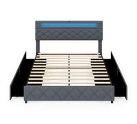 GIANTEX Cadre de lit 140 x 200 cm/160 x 200 cm, cadre de lit double/queen, avec éclairage LED, port USB, tête de lit et tiroirs réglables, capacité de charge 500 kg, gris (160 x 200 cm)