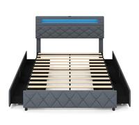 GIANTEX Cadre de lit 140 x 200 cm/160 x 200 cm, cadre de lit double/queen, avec éclairage LED, port USB, tête de lit et tiroirs réglables, capacité de charge 500 kg, gris (140 x 200 cm)