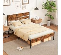 GIANTEX Cadre de lit pour matelas de 140 x 200 cm, cadre en métal, avec sommier à lattes, lit plateforme avec tête de lit, lit double industriel en métal et bois, lit d'invité rustique marron
