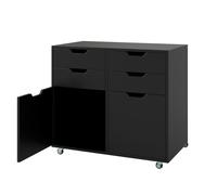 GIANTEX Caisson Bureau Mobile à 4 Tiroirs avec 2 Portes, Caisson Tiroir avec 5 Roulettes Universelles, Poignées Découpées, Meuble Tiroir Rangement Moderne pour Chambre, 73 x 40 x 64,5 cm, Noir