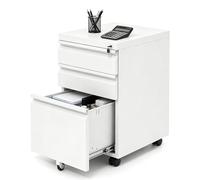 GIANTEX Caisson Bureau Mobile, Meuble Bureau en Acier avec 5 roulettes, 3 Tiroirs, 2 Barres Suspendues Réglables et Serrure, Meuble Rangement Papier Solide&Sécurisée, pour Légal, Lettre, A4, Blanc
