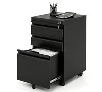 GIANTEX Caisson Bureau Mobile, Meuble Bureau en Acier avec 5 roulettes, 3 Tiroirs, 2 Barres Suspendues Réglables et Serrure, Meuble Rangement Papier Solide&Sécurisée, pour Légal, Lettre, A4, Noir