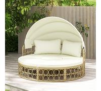 GIANTEX Canapé-lit rond avec auvent rétractable, chaise longue modulaire en rotin PE, 5 pièces, pour porche, arrière, piscine, 180 x 150 cm, beige