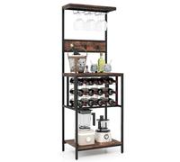 GIANTEX Casier à Bouteilles, Casier a Vin, 12 Porte-Bouteilles, 3 Crochets Doubles, Porte-Gobelets, Etagere Cuisine pour Salle à Manger, Bar, Style Industrielle, 54 x 37 x 156 cm, Marron Rustique