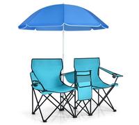 GIANTEX Chaise de Camping Pliante 2 Places avec Parasol- avec Porte-Gobelet +Poche Isotherme- Fauteuil de Jardin Portable-Vert