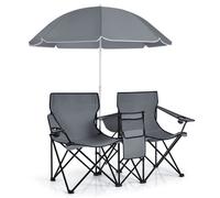 GIANTEX Chaise de Camping Pliante 2 Places avec Parasol- avec Porte-Gobelet +Poche Isotherme- Fauteuil de Jardin Portable-Gris