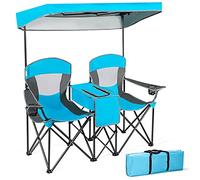 GIANTEX Chaises Pliantes, Chaises de Camping 2 Places avec Parasol Amovible, Mini Table et Sac Isotherme, Chaises Spacieux pour Pique-Nique, Plage et Pêche, Charge 120KG Chaque Siège (Bleu)