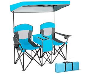 GIANTEX Chaises Pliantes, Chaises de Camping 2 Places avec Parasol Amovible, Mini Table et Sac Isotherme, Chaises Spacieux pour Pique-Nique, Plage et Pêche, Charge 120KG Chaque Siège (Bleu)