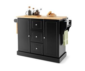 GIANTEX Chariot de cuisine avec 3 tiroirs et 2 armoires, île de cuisine mobile avec 5 roues cachées, buffet chariot de service avec porte-serviettes et porte-épices, 126 x 45 x 91,5 cm (Noir)