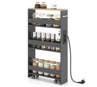 GIANTEX Chariot de Rangement 13 cm Large avec Mltiprise, Ports USB & Type-C, Desserte à roulettes 4 Niveaux avec Poignée, Meuble Cuisine pour Salle de Bain, Salon, 47,5 x 13 x 80,5 cm (Gris+Naturel)