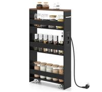 GIANTEX Chariot de Rangement 13 cm Large avec Mltiprise, Ports USB & Type-C, Desserte à roulettes 4 Niveaux avec Poignée, Meuble Cuisine pour Salle de Bain, Salon, 47,5 x 13 x 80,5 cm (Noir+Brun)