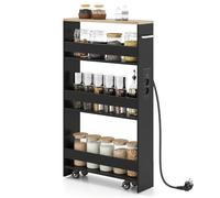 GIANTEX Chariot de Rangement 13 cm Large avec Mltiprise, Ports USB & Type-C, Desserte à roulettes 4 Niveaux avec Poignée, Meuble Cuisine pour Salle de Bain, Salon, 47,5 x 13 x 80,5 cm (Noir+Marron)