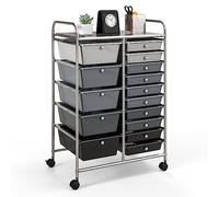 GIANTEX Chariot de Rangement 15 Tiroirs, Tour de Rangement à Roulette, Multifonctionnel Desserte à Roulettes Verrouillables avec Cadre Métal, pour Salon, Chambre 63x37x87CM (Gris Foncé+Noir)
