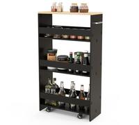 GIANTEX Chariot de Rangement 20 cm Large, Desserte à roulettes 4 Niveaux avec Poignée, 3 Barres, Meuble Cuisine Etroit, pour Salle de Bain, Salon, 47,5 x 20 x 80,5 cm (Noir+Naturel)