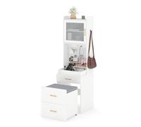 GIANTEX Coiffeuse 3 en 1 avec miroir rabattable, table de maquillage avec tabouret rembourré à roulettes, 2 tiroirs, armoire, compartiments, crochet latéral, station de charge, coiffeuse compacte