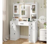 GIANTEX Coiffeuse avec Luc LED, table de maquillage avec miroir, tiroirs, armoires, étagères ouvertes et support pour sèche-cheveux, station de charge, 105 x 40 x 150 cm, bureau de maquillage (blanc)