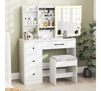 GIANTEX Coiffeuse avec Lumières, Table de Maquillage avec 4 Tiroirs, Tabouret Télescopique et Plateau Réglable, Ensemble Table et Chaise avec Prise de Courant, pour Chambre et Salon
