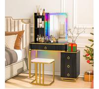 GIANTEX Coiffeuse avec Miroir et Lumières LED, Station de Charge, 3 Étagères Ouvertes, 4 Tiroirs, 80x40x137cm, Noir