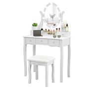 GIANTEX Coiffeuse avec Miroir LED, Coiffeuse avec Tabouret Rembourré, 10 Ampoules LED, 3 Températures de Couleur, 5 Tiroirs, Coiffeuse Blanche pour Chambre