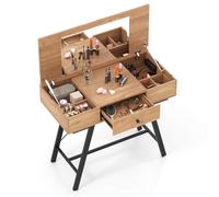 GIANTEX Coiffeuse avec Miroir Rabattable, Table de Maquillage avec Station de Charge, Tiroir, 6 Compartiments de Rangement, Plateau Caché, Bureau de Coiffeuse 2 en 1 pour Chambre, Studio (Naturel)
