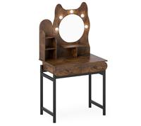 GIANTEX Coiffeuse avec miroir, table de maquillage avec lumière LED de 3 couleurs, étagères ouvertes, 2 tiroirs et station de charge, en forme de chat, 80 x 50 x 150 cm, coiffeuse compacte pour