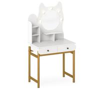 GIANTEX Coiffeuse avec miroir, table de maquillage avec lumière LED de 3 couleurs, étagères ouvertes, 2 tiroirs et station de charge, forme de chat, 80 x 50 x 150 cm, coiffeuse compacte pour chambre