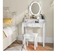 GIANTEX Coiffeuse avec Tabouret, Miroir Pivotant à 360°, Lumières LED Règlable, Pieds en Pin, 3 Tiroirs, 75 x 40 x 143 cm, Blanc