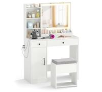 GIANTEX Coiffeuse avec Tabouret Rembourré, Miroir HD avec Lumières LED Réglables en 3 Couleurs et Luminosité, Station de Charge, 3 Étagères, 2 Tiroirs, Table de Maquillage pour Chambre, Salon