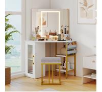 GIANTEX Coiffeuse d'Angle avec Tabouret- Miroir Pivotant LED Réglable- 4 Étagères Ouvertes- Station de Charge- 108x50x143cm- Blanc