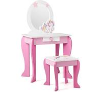GIANTEX Coiffeuse Enfant avec Miroir Amovible et Tabouret, Ensemble de Table de Maquillage avec Tiroir, Design de Licorne, Rosé