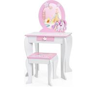 GIANTEX Coiffeuse Enfant avec Miroir Amovible et Tabouret, Ensemble de Table de Maquillage avec Tiroir, Design de Licorne, Blanc