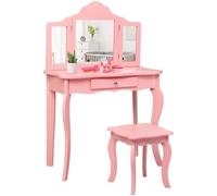 GIANTEX Coiffeuse pour Fille avec Tabourert et Miroir à Trois Volets,Coiffeuse de Princesse avec Tiroir pour Maquillage,Rose