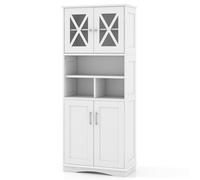 GIANTEX Colonne Salle de Bain en MDF, Armoire Haute Salle de Bain à 4 Portes, 3 Étagères Réglables, 3 Comportements Ouvertes, Design Imperméable, Meuble Rangement 60 x 30 x 145 cm (Blanc)