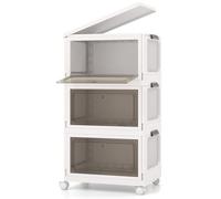 GIANTEX Conteneur de rangement empilable à 3 niveaux, boîtes en plastique avec couvercles et portes, 4 roues, design pliable, organisateur pour salon, chambre (48 x 34 x 82 cm)