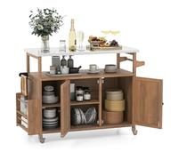 GIANTEX Desserte à roulettes, Chariot Bois avec Plan de Travail en Acier Inoxydable, Étagère Ouverte, Armoire, 2 Compartiments, Porte-Serviettes, Décapsuleur pour Aliments, Vaisselle