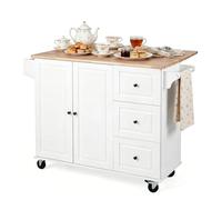 GIANTEX Desserte à roulettes en Bois, Îlot Central Cuisine avec Plateau Rabattable, Armoire 2 Portes, 3 Tiroirs, Étagères Réglables, Porte-Épices&Poignée, Chariot de Rangement Salle à Manger&Salon