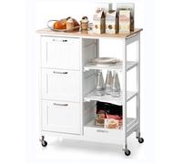 GIANTEX Desserte de Cuisine à Roulettes-3 Tiroirs-2 Étagères ouvertes-Plateau Amovibles-Comptoir en Bois d'Hévéa-67x37x83,5cm-Blanc