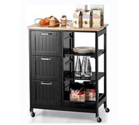 GIANTEX Desserte de Cuisine à Roulettes-3 Tiroirs-2 Étagères ouvertes-Plateau Amovibles-Comptoir en Bois d'Hévéa-67x37x83,5cm-Noir