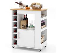 GIANTEX Desserte de Cuisine à Roulettes, Plateau en Bambou, Casier à Vin 6 Bouteilles, Étagère à Épices, 76 x 44 x 89cm, Blanc