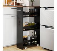 GIANTEX Desserte de Cuisine Étroit à Roulettes- 47,5x20x80,5cm- Station de Charge- Chariot de Service à 4 Niveaux- Noir + Brun