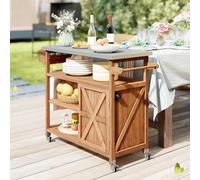 GIANTEX Desserte Plancha Exterieur en Bois de Spain, Desserte à roulettes Exterieur, Plan de Travail en Acier Inoxydable, 3 Étagères, Armoire, 4 roulettes Universelles, 118 x 47 x 92 cm, Charge 50kg