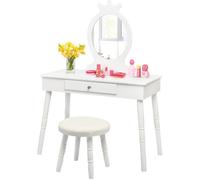 GIANTEX Ensemble Coiffeuse et Tabouret de Maquillage pour Enfants, Coiffeuse avec Tiroir, Tabouret Capitonné et Miroir Authentique