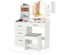GIANTEX Ensemble de Coiffeuse avec Miroir Eclairé à LED, Table de Maquillage avec Tabouret Rembourré, Station de Charge, Lumières Variables à 3 Couleurs, 4 Tiroirs, 3 Etagères Ouvertes, pour Chambre