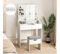 GIANTEX-Ensemble de Coiffeuse et Tabouret-Miroir avec Lumières LED-Station de Charge-3 Étagères Ouvertes-2 Tiroirs-Salon, Chambre
