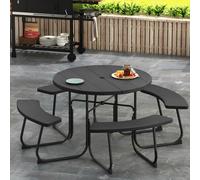 GIANTEX Ensemble de meubles de jardin pour 8 personnes, table de jardin ronde avec 4 bancs, table à bière avec trou pour parasol, salon de jardin résistant aux intempéries en polyéthylène haute