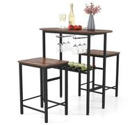 GIANTEX Ensemble de Salle à Manger 3 Pièces, Table Bar avec 2 Tabourets, Porte-Bouteilles, 2 Porte-Verres à Vin, Repose-Pieds, Table de Cuisine Industriel pour Salon, Cuisine (Marron Rustique)