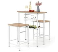 GIANTEX Ensemble de Salle à Manger 3 Pièces, Table Bar avec 2 Tabourets, Porte-Bouteilles, 2 Porte-Verres à Vin, Repose-Pieds, Table de Cuisine Industriel pour Salon, Cuisine (Naturel)