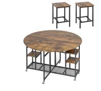 GIANTEX Ensemble de salle à manger pliable avec 2 tabourets, table de cuisine avec roulettes, étagère à vin et étagères ouvertes, ensemble de salle à manger industriel en métal et bois, groupe de