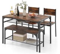 GIANTEX Ensemble Table à Manger avec 2 Chaises+ Banc-4 Personnes-avec Étagère-Fait en Bois+Cadre en Métal-110x 65x 76cm-Industriel